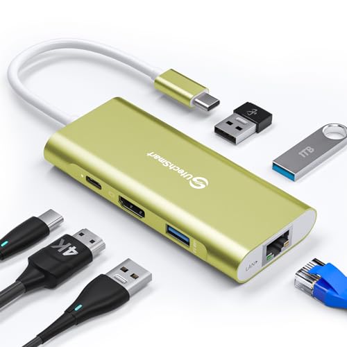 UtechSmart USB C Hub, USB C Ethernet Multiport Adapter, 6 in 1 USB C to HDMI Dock Compatible for MacBook Pro/Air, Chromebook, Dell XPS, HP (Gigabit Ethernet 100W PD 4K HDMI USB 3.0)(Gold), UCN3273 - color: Gold