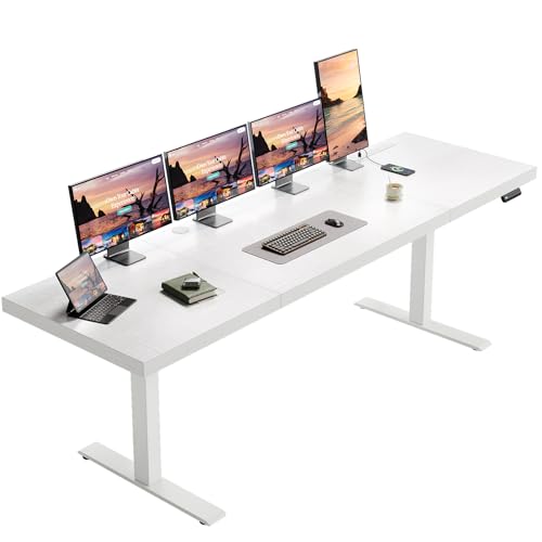 OffiGo 79 Inch Executive Electric Standing Desk Height Adjustable, White | 1.38" Thick 3-Panel Desktop, Power Outlets, 3 Memory Presets, Dual-Beam Frame for Home Office, Workstation, Conference Room - color: White, size: 79 Inch