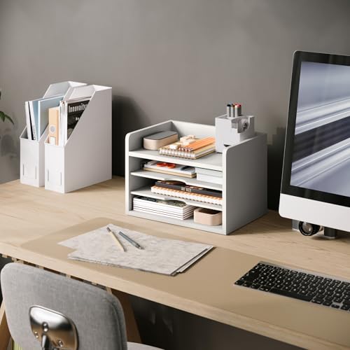 Ballucci File Organizer, 4-Tier Office Desk Organizer, Open Top Wood Paper Organizer for Classroom, Desktop Mail Sorter Paper Tray, White - color: White, size: 4 Tier