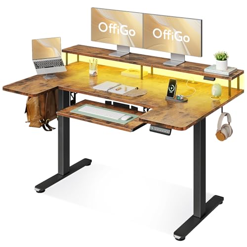 OffiGo 55 Inch U Shaped Standing Desk with Keyboard Tray, Rustic Brown - color: Rustic Brown, size: 55 Inch