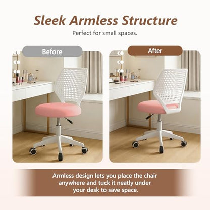 Small Office Chair with Wheels, Armless Desk Chair Height Adjustable Swivel Rolling Task Chair Breathable Mesh Ergonomic Computer Work Chair for Adult, Pink