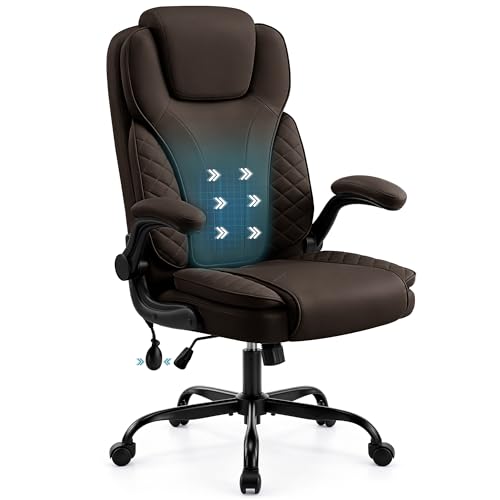 Ergonomic Office Chair, PU Leather High Back Executive Chair with Adjustable Inflatable Lumbar Support and Padded Flip-Up Arms, Recline Swivel Task Computer Chair for Home Office, Dark Brown - color: Dark Brown