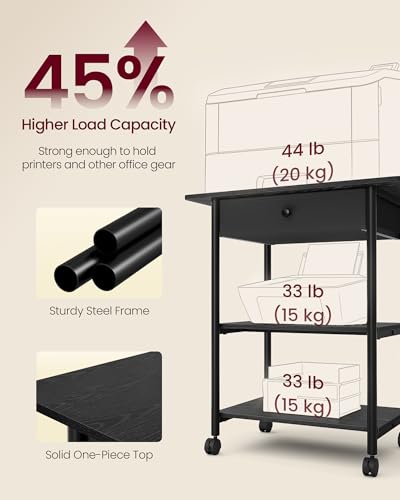 VASAGLE 3-Tier Printer Stand with Locking Wheels, Under Desk Printer Table - color: Ebony Black, size: 3 Tiers with Drawer