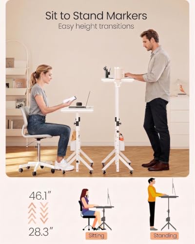ErGear Mobile Standing Desk with Wheels, Adjustable Height 28.3″ to 46.1″, Rolling Laptop Cart with Cup Holder, Storage Basket, Computer & Pen Slot, Home Office Stand Up Desk, White (31.5″ x 15.75″) - color: White