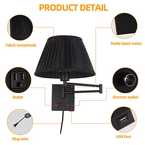 17" Swing Arm Wall Lamp USB & AC Outlet, Dimmable, Black - color: Black