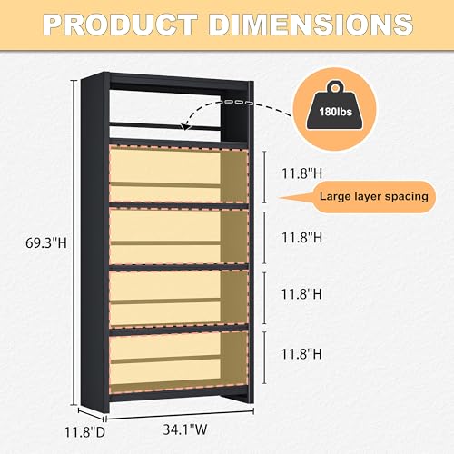 OSEILLC 69" Metal Bookshelf,5 Tier Library Bookcase,Bedroom Bookshelves and Bookcases,Tall Book Case/Shelves for Living Room,Office,Black Large Bearing Book Shelf - color: Black, size: 69"H*34"W