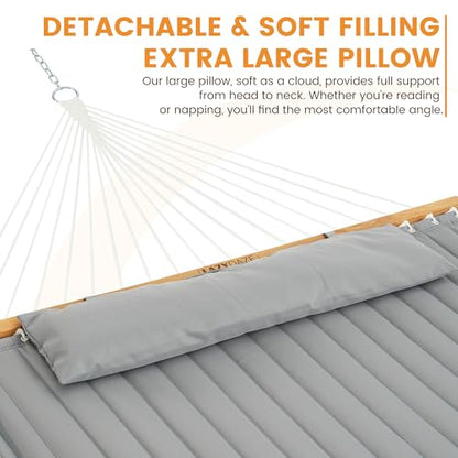 Lazy Daze Double Quilted Hammock with Pillow for Outside, Fit 13-15Ft Stand - color: Light Gray