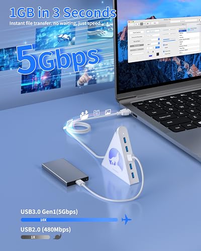 7 Port USB Hub, JoyReken USB 3.0 Hub with 2 FT Long Cable, Vertical USB Extension Hub for Laptop, MacBook, Flash Drive, XPS, PC, Flash Drive, Game Console, Printer, Camera,Keyborad, Mouse (White) - color: white