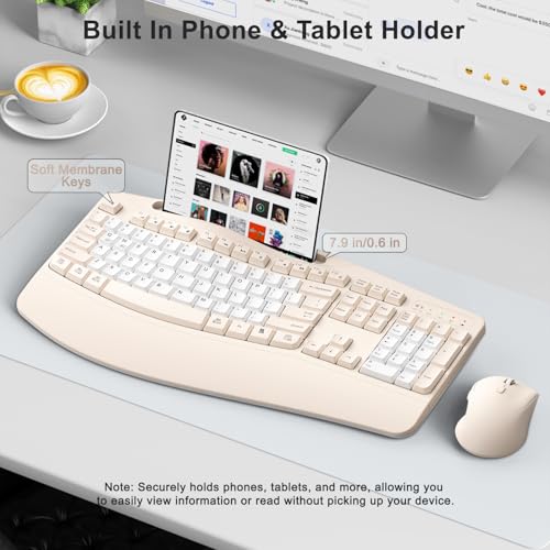 Wireless Keyboard and Mouse Combo, Ergonomic Wave Keys(Milk Tea-B) - color: Milk Tea-B