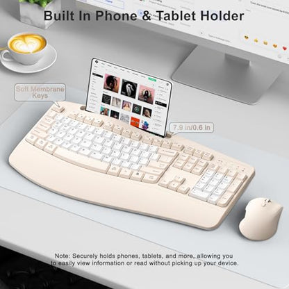 Wireless Keyboard and Mouse Combo, Ergonomic Wave Keys(Milk Tea-B) - color: Milk Tea-B