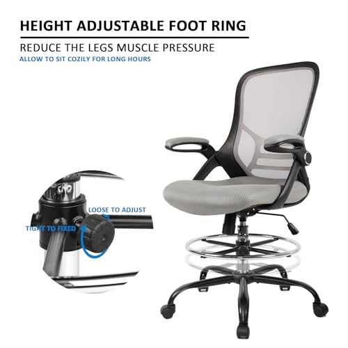 HYLONE Drafting Chair, Tall Office Chair Standing Desk Chair Grey Mesh High-Back Drafting Stool with Flip-Up Arms, Adjustable Foot Ring - color: Black Frame & Grey Mesh