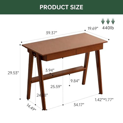 100% Solid Rubber Wood Desk Home Office Desk Mid Century Modern Writing Computer Desk with Drawer for Home Office 39" - color: Teak-rubberwood, size: 39.37"W