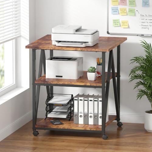 Arbuxzuy 3-Tier Printer Stand, Large Printer Table with Storage, Industrial Printer Storage Cart with Wheels, Rolling Printer Stand for Heat Press Scanner Fax, Brown - color: Brown
