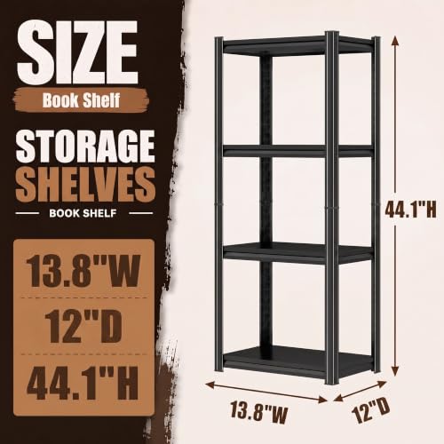 Heavy Duty 4 Tier Metal Book Shelf Adjustable Bookcase | 2400 LBS Bolt-free Storage Shelves with Deep Bookshelf for living Room, Office and Garage Storage, 44.1"Hx 13.8"Wx 12"D - size: 4 Tier-44.1"Hx 13.8"Wx 12"D