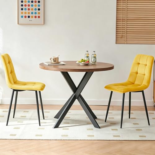Homedot Small Dining Table Set for 2,37-in Round Kitchen Table Chairs Set Space Saving, Rustic Brown Breakfast Nook Dinner Table with Yellow Dining Room Side Chairs Upholstered for Dining Hall - color: Yellow, size: 1* Round Table+2*Chair
