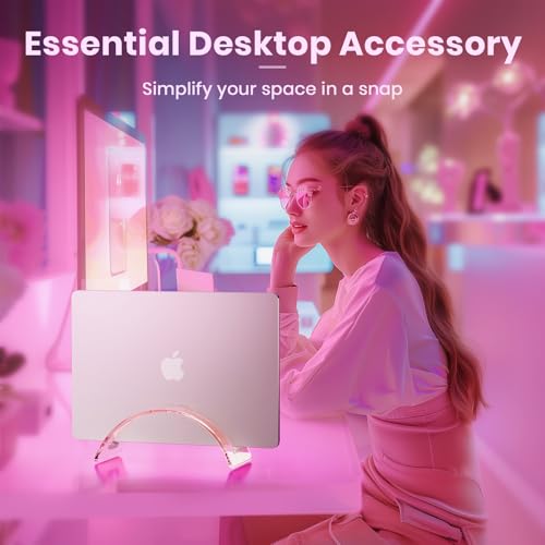 Acrylic Vertical Laptop Stand for Desk,Acrylic Invisible Desktop Notebook Dock,Vertical Laptop Holder Space-Saving Organizer for All MacBook, Surface, Samsung, HP, Dell-Pink… - color: Pink