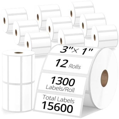 3"x1" Direct Thermal Barcode Labels, 12 Rolls (1300/Roll), 1" Core - size: 3" x 1"-12 Rolls (15600 Labels)