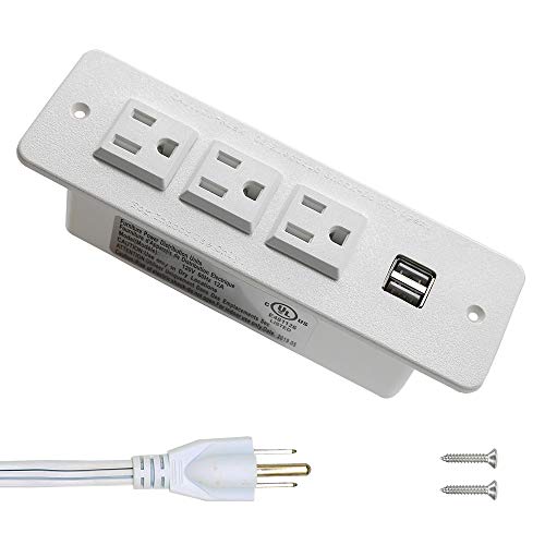 Conference Recessed Power Strip with USB Mountable Power Outlet Built in Desktop Workbench Drawer Cabinet 10'ft Heavy Duty Power Cord White - color: White, size: USB-A