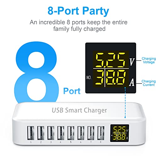 USB Charging Station, Ziwodiv 8-Port 60W/12A Charger Station, Multi Ports USB-A Charging Hub with LED Display, Compact Desktop Charger for Multiple Devices, iPhone iPad Samsung Android and Tablet - color: White