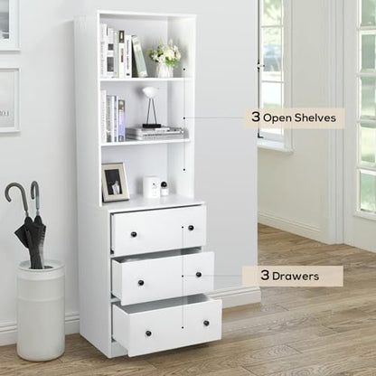 VOWNER Vertical File Cabinet, 3-Tier Modern Bookshelf with 3 Large Drawer, Wood Filing Cabinet with Open Storage Shelf, Glass Doors and Adjustable Shelves for Home Office, White (A)