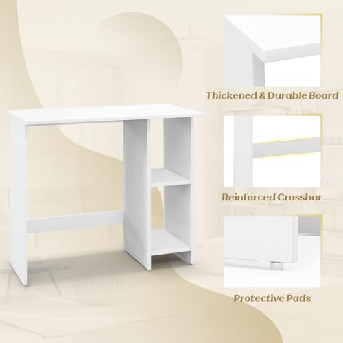 GOFLAME Small Computer Desk with Storage, Modern Writing Desk with Adjustable Shelf, Space Saving Laptop PC Desk with Anti-Toppling Kit, Wooden Study Desk for Home Office, White