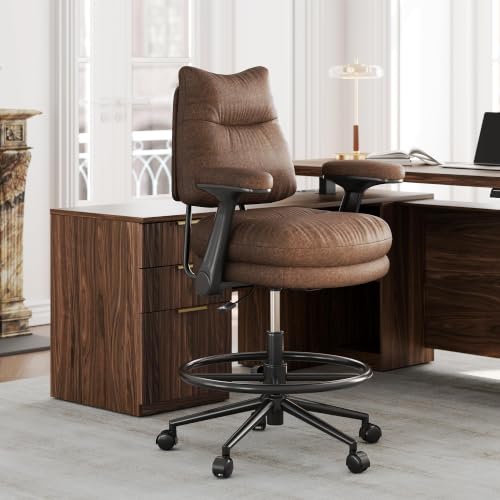 Drafting Chair, Tall Leather Office Desk Chair, Vintage Brown | Extra Thick Cushion, Padded Flip-Up Armrests, Mid-Back Cushioned Seat, 360° Swivel Rolling Computer Desk Chair - size: Extra Thick