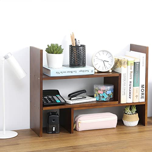 MyGift Adjustable Brown Solid Wood Desktop Storage Organizer Display Shelf Book Rack, Home Office Desk Decor Bookshelf - color: Brown