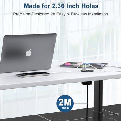 Desk Power Grommet, Haylink Recessed Power Strip with AC Outlet & 2X PD 20W USB C | 6.56FT Cable | 2.36"(60mm) Cut Hole| for Modern Desk, Kitchen Island & Workshop, Black