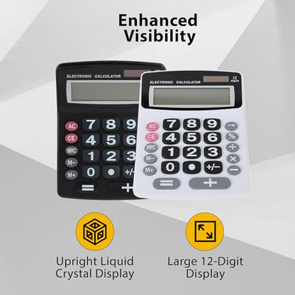Lily's Home Jumbo 12-Digit Desktop Calculator (Black), Solar/Battery Dual Power, Large Tilted LCD Display, Big Button Design, Quiet Operation, for Office, School, Business & Home Use - color: Black