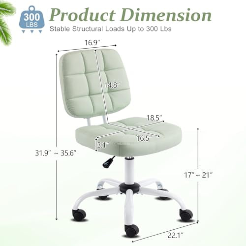 VINGLI Compact Small Desk Chair, Cute Armless Chair with Wheels, Vanity Chair with Low Back, Height Adjustable Task Chair for Small Spaces, Office, Bedroom, Make Up Room, PU Leather, Mint Green - color: Mint Green