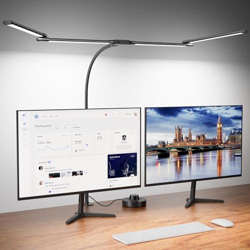 Desk Lamp Clamp Light 24W, Ultra Wide 4 Head Bars, 5 Color Modes Dimming, Multi-Screen Setup for Office, Architect, Black, Aluminum, Adapter Included - size: 4-Head Curved Gooseneck Desk Lamp