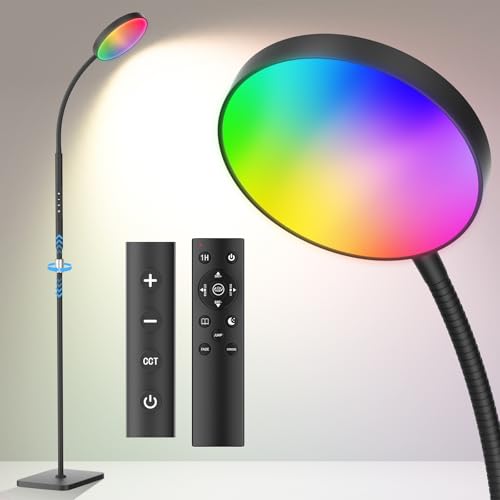PACOVY Floor Lamp, Adjustable Height Floor Lamps for Living Room Bedroom, 120 LED Super Bright Standing Lamp Remote Control Dimmable Gooseneck Tall Stand Reading Lamp for Office Craft, Black-RGB - color: Black-RGB Light