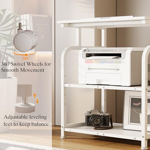 Unionly Large Rolling Printer Stand with Height Adjustable Shelf and Wheels | 3-Tier Rolling Printer Cart with Wheels, Heavy-Duty Wood Printer Table with strudy steel frame for Home Office,White - color: White