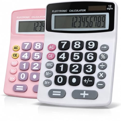 Lily's Home Jumbo 12-Digit Desktop Calculator Set of 2 (Pink & White), Solar/Battery Dual Power, Large Tilted LCD Display, Big Button Design, Quiet Operation, for Office, School, Business & Home Use - color: Pink&White