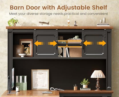 SEDETA 67" Farmhouse Executive L Shaped Desk with Hutch | Office Desks with 4 Drawers & Storage,Executive Desk,File Drawer,Power Outlet,Black+Brown - color: Black+brown, size: 67" L Shaped Desk with Hutch