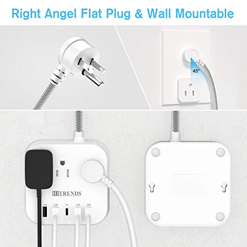 Surge Protector Power Strip, 10FT Extension Cord, 3 Outlets 4 USB-A 1 USB-C (5V/3A), 45° Flat Plug Wall Mountable for Home Office, Dorm, Cruise Ship, Nightstand - size: 10FT