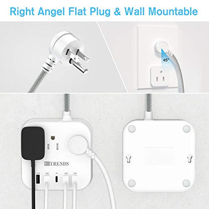 Surge Protector Power Strip, 10FT Extension Cord, 3 Outlets 4 USB-A 1 USB-C (5V/3A), 45° Flat Plug Wall Mountable for Home Office, Dorm, Cruise Ship, Nightstand - size: 10FT