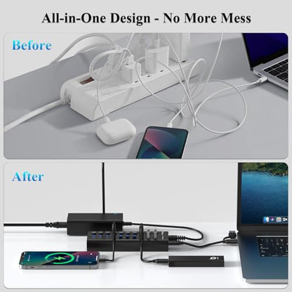 Powered USB Hub, 10-Port USB C Hub with 6 USB-A 3.2, 4 USB-C 3.2 Ports - color: Black