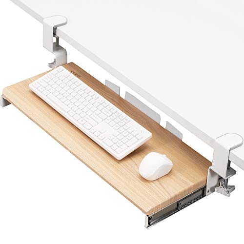 VIVO Light Wood Large 27 x 11 in Under Desk Keyboard Tray, MOUNT-KB05A | Keyboard Tray for Typing, Slide Out Platform, Extra Sturdy C-Clamp Mount System, Computer Drawer, White Frame - color: Light Wood, size: 27 inch