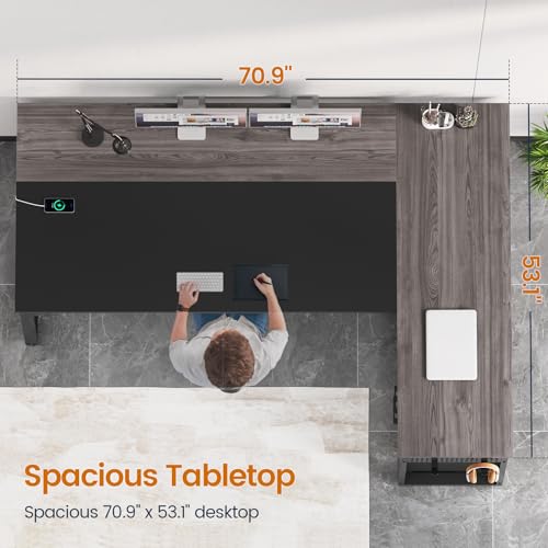 UPOSOJA 71" L Shaped Executive Desk, Office Desk with Storage Drawers - color: Grey, size: 2 Drawers
