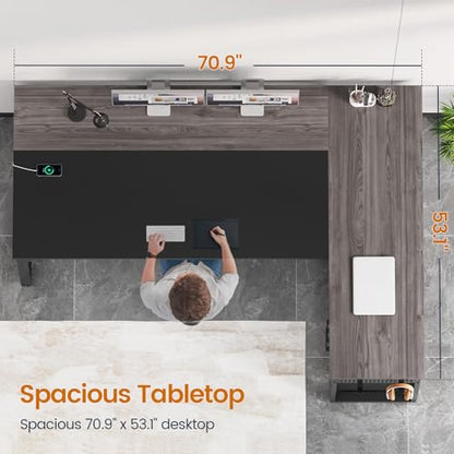 UPOSOJA 71" L Shaped Executive Desk, Office Desk with Storage Drawers - color: Grey, size: 2 Drawers