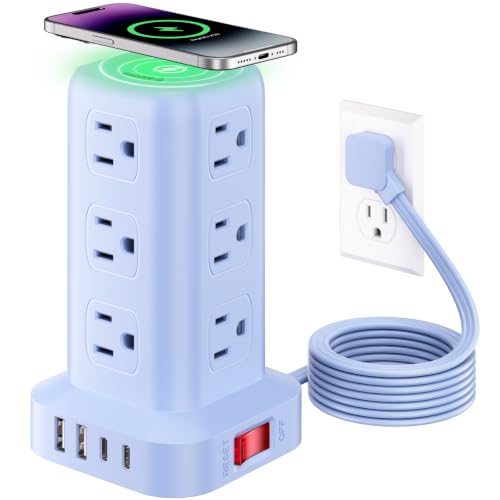Extension Cord with Multiple Outlets, SMALLRT Outlet Extender with 12 AC Outlets 4 USB, 6.5FT Power Strip Tower for Home Office Supplies, Blue - color: Blue, size: 6.5 Ft with wireless charging