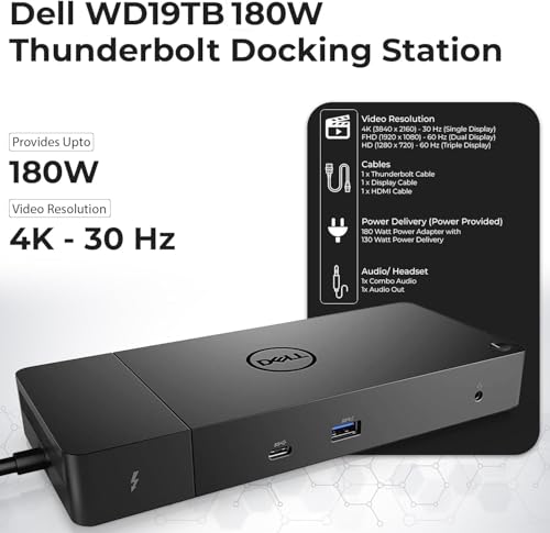 Dell WD19TB Thunderbolt Dock - 1 Year Warranty, Docking Station with 180W Adapter, HDMI, DisplayPort, Thunderbolt Cable, Cloth - Dell Docking Station Dual Monitor for Laptop & Computers (Renewed)