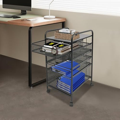 Rolling File Cabinet with 5 Drawers, Filing Cart Under Desk Storage Office Organizer with Table Top & Wheels, Utility Cart File Folder Printer Stand, L11.8×D15×H24.4in, Black - size: 5 Tier