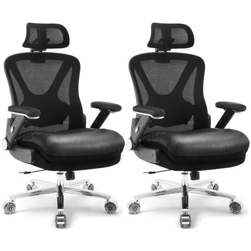 750lbs Ergonomic Office Chair,Upgrade Big and Tall Office Chairs for Heavy People,Mesh High Back Desk Chair with 5D Flip Arms Large Wheels,Adjustable Headrest & Lumbar Support,Wide Chairs - color: Black With Electroplated Color, style: 2 Pack