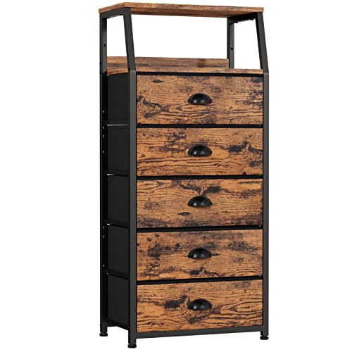 Dresser for Bedroom, 5 Drawers Tall Nightstand, Chest of Drawers | Rustic Brown Dresser for Closet, Bedside Table with Fabric Drawer, Metal Frame, Wood Top, Easy Assembly for Dorm, Living Room - color: Rustic Brown, style: 5 Drawers