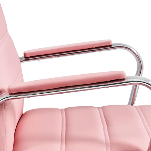 Yaheetech Pink Office Chair PU Leather Swivel Rocking Desk Seat with Arms | Foam-padded channel-stitched PU leather back supports desk hours; chrome frame rocks, adjusts in height, rolls on casters. - color: Pink