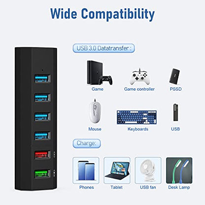USB Hub, Aiibe 6 Ports Super High Speed USB 3.0 Hub Splitter + 24W Power Adapter + USB 3.0 Cable, Black Smart Fast Charger Powered USB Hub for Laptop, Mac, PC, Mobile HDD, Mulitple Devices - color: Black 6 Port