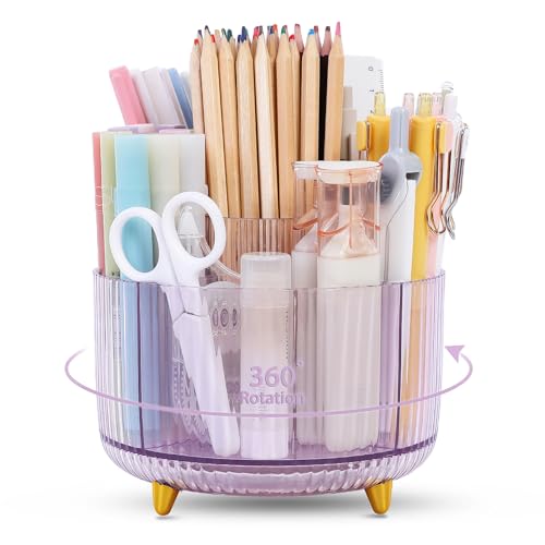 SKYDUE Rotating Pencil Pen Holder, Pen Organizer with 5 Slots - Aesthetic Desk Organizer and Accessories for School, Home, Office Supplies - color: Clear Purple