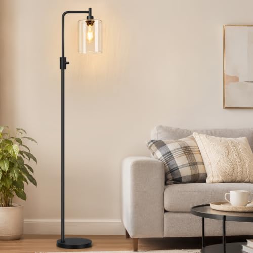 【Upgraded】 Dimmable Floor Lamp for Living Room with Seeded Glass Lampshade, Black Modern Glass Floor Lamp with 900LM LED Bulb Included, Arc Standing Tall Lamp for Bedroom, Office, Reading Room, Corner - color: Seeded Glass-Matte Black